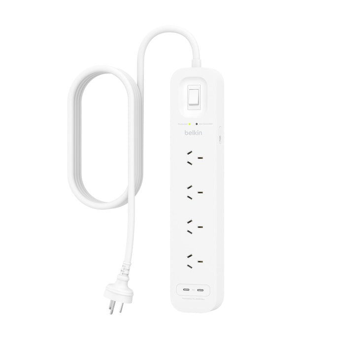 Belkin SurgePlus 4-Outlet Surge Protector With Dual USB-C Port(30W) -White(SRB005AU2M),Heavy Duty 2M Power Cord,525 Joules,$40000 CEW,2