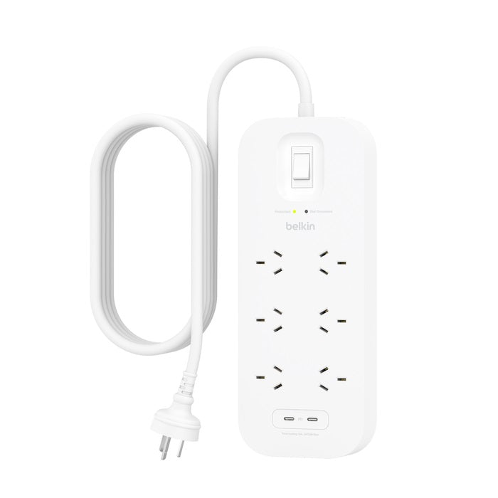 Belkin SurgePro 6-Outlet Surge Protector With Dual USB-C (30W) - White(SRB006AU2M), 2M Power Cord, 650 Joules, $50,000 CEW,  2