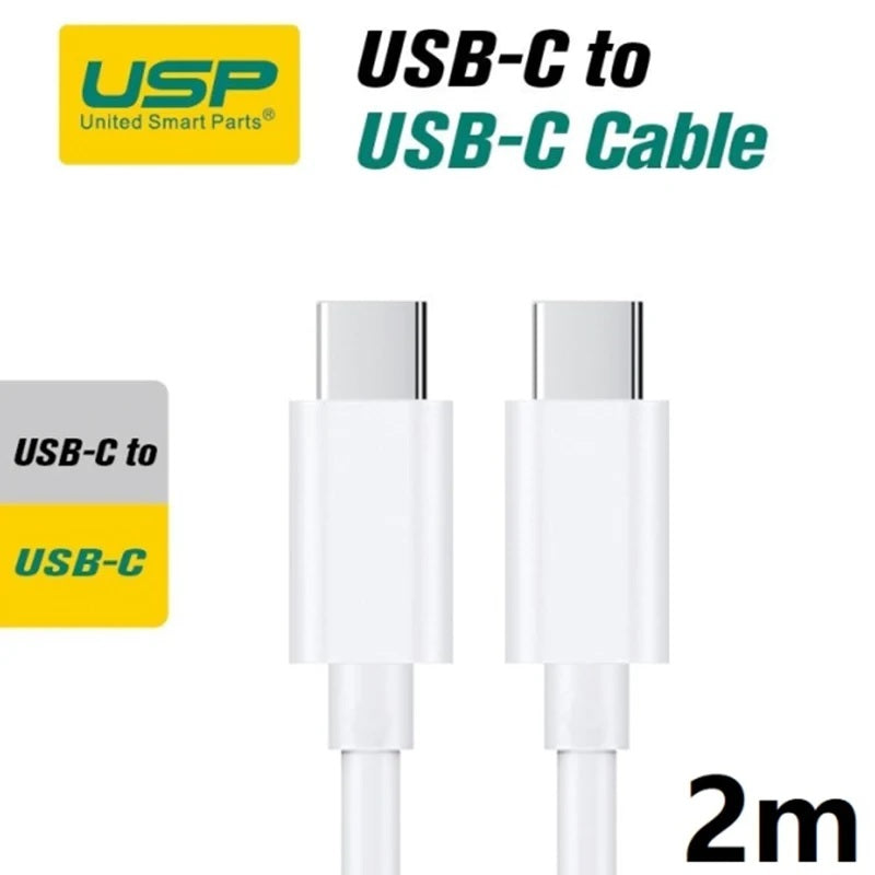 USP USB-C to USB-C Mini Cable (2M) - White, 3A (60W), Fast Charge, High Performance, Samsung Galaxy,Apple iPhone,iPad,MacBook,Google, 5
