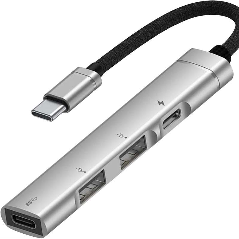 USP Multiport 4-in-1 Dual USB-C & Dual USB-A Hub - Silver, (2x USB-A), (2x USB-C), 1x USB-C PD Fast Charging, Braided Cable, 5