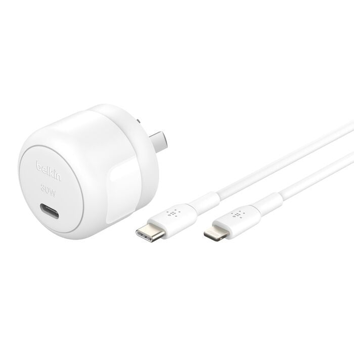 Belkin BoostCharge Compact 30W USB-C (PD 3.1) Wall Charger + USB-C to Lightning Cable - White (WCA008au1MWH-B5), Apple, 2