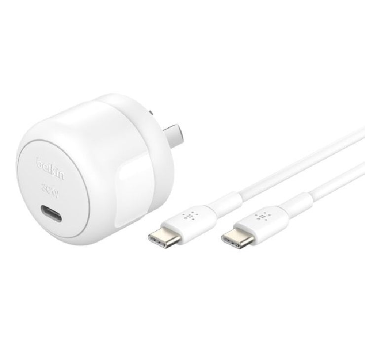Belkin BoostCharge Compact 30W USB-C (PD 3.1) Wall Charger + USB-C to USB-C Cable (1M) - White (WCA008au1MWH-B6), Apple, CEW $2500, 2