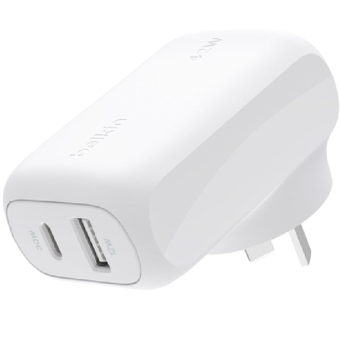 Belkin BoostCharge Dual Wall Charger 42W - White (WCB009auWH), 1xUSB-C (30W), 1xUSB-A (12W), Best for Samsung & iPhone, $2500 CEW, 2