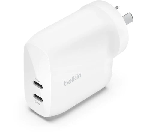 Belkin BoostCharge Pro 60W Dual USB-C PD 3.1 PPS Wall Charger - White (WCB010auWH), Compact Laptop Charger, Travel-Ready, 2 Years