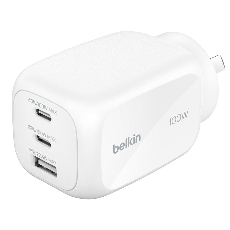 Belkin BoostCharge Pro 100W 3-Port GaN Wall Charger - White (WCH016AUWH), 2x USB-C, 1x USB-A, Compact Laptop Charger, CEW $2500, 2
