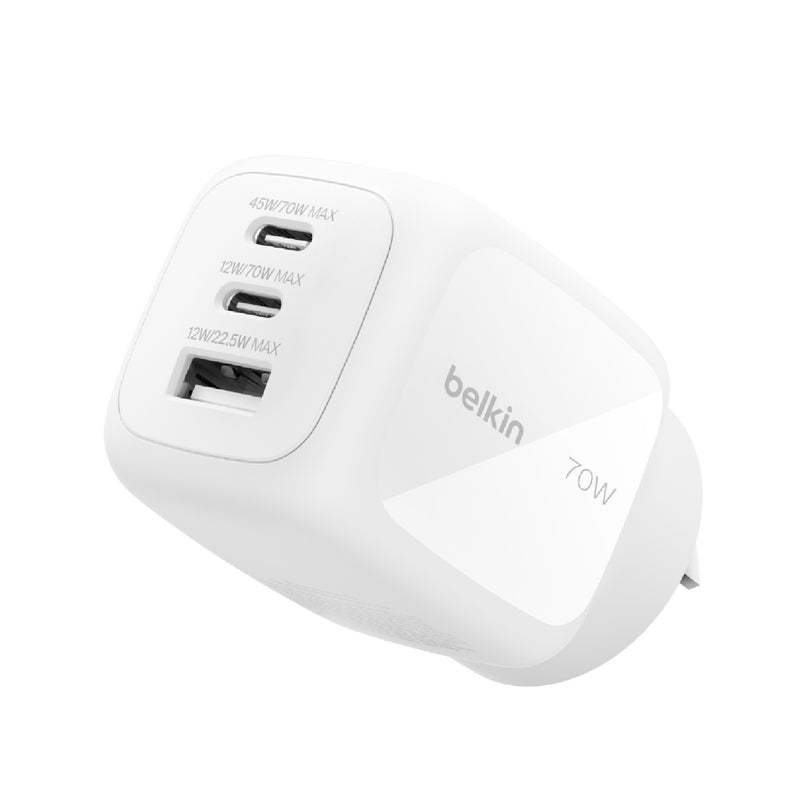 Belkin BoostCharge Pro 70W 3-Port GaN Wall Charger - White (WCH018AUWH), Compact & Powerful, Laptop Charger, Travel-Ready, 2