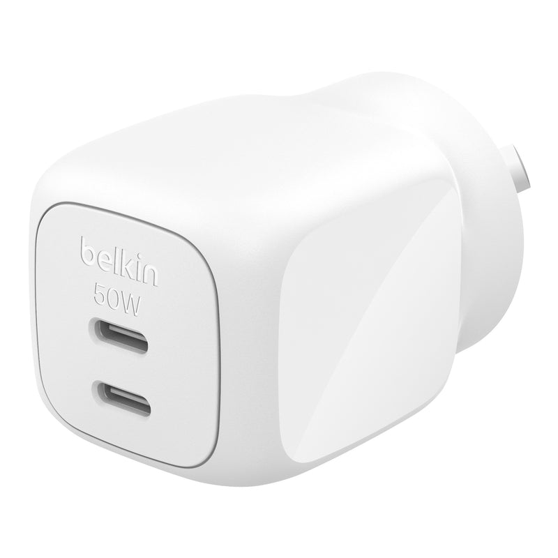 Belkin BoostCharge Pro 50W Dual USB-C GaN Wall Charger - White (WCH019AUWH), Compact Laptop Charger, Travel-Ready, CEW $2500, 2