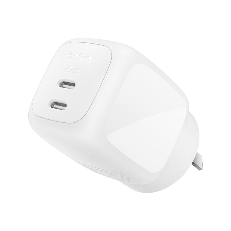 Belkin BoostCharge Pro 67W Dual USB-C GaN Wall Charger - White (WCH020AUWH), Compact Laptop Charger, Travel-Ready, CEW $2500, 2 Years
