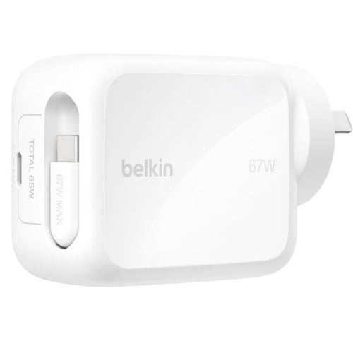 Belkin UltraCharge Retractable Dual 67W USB-C GaN Wall Charger - White(WCH022auWH),1xUSB-C,1x Retractable USB-C Cable(1M),$2,500 CEW, 2 Years Warranty