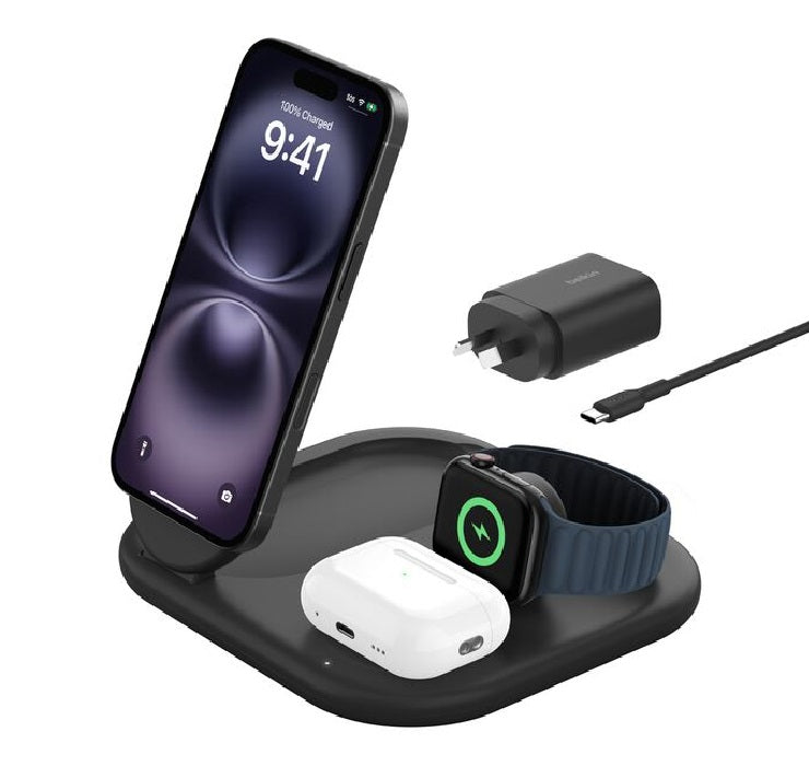 Belkin BoostCharge 3-in-1 Magnetic Foldable Qi2 Wireless Charger 15W + 36W Wall Charger + USB-C Cable (1.5M) - Black (WIZ029auBK), 2 Years
