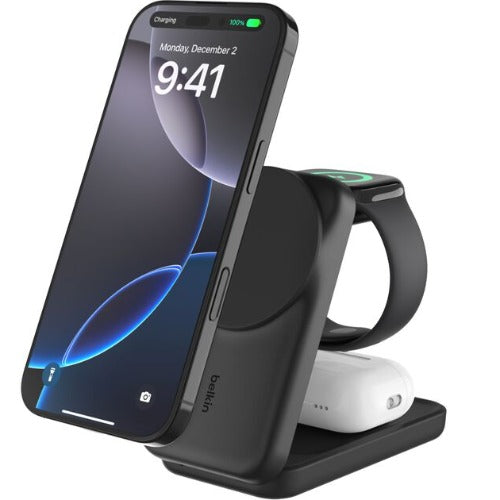 Belkin UltraCharge 3-in-1 Foldable Magnetic Charger With Qi2(25W)+USB-C Wall Charger(45W)+USB-C Cable(15M)-Black(WIZ037auBK),$2500CEW,2