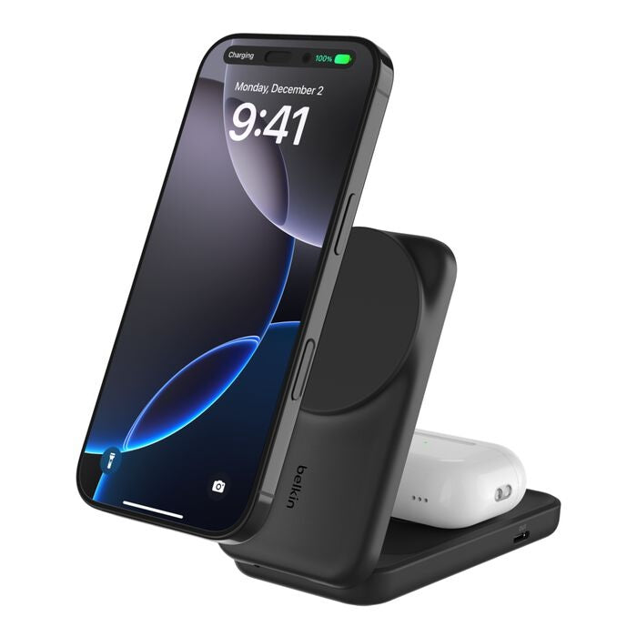 Belkin UltraCharge 2-in-1 Foldable Magnetic Wireless Charger With Qi2 + 45W USB-C Wall Charger + USB-C Cable- Black (WIZ039auBK), 25W,2