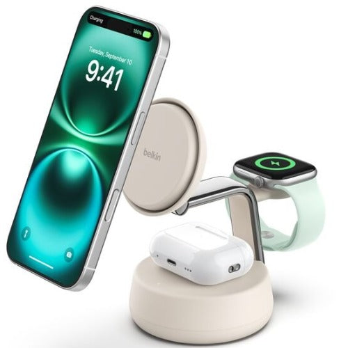 Belkin UltraCharge Pro 3-in-1 Wireless Qi2 Charging Dock + 45W USB-C PSU + USB-C Cable (1.5M) - White (WIZ040auSD), 25W, CEW $2500, 2 Years Warranty