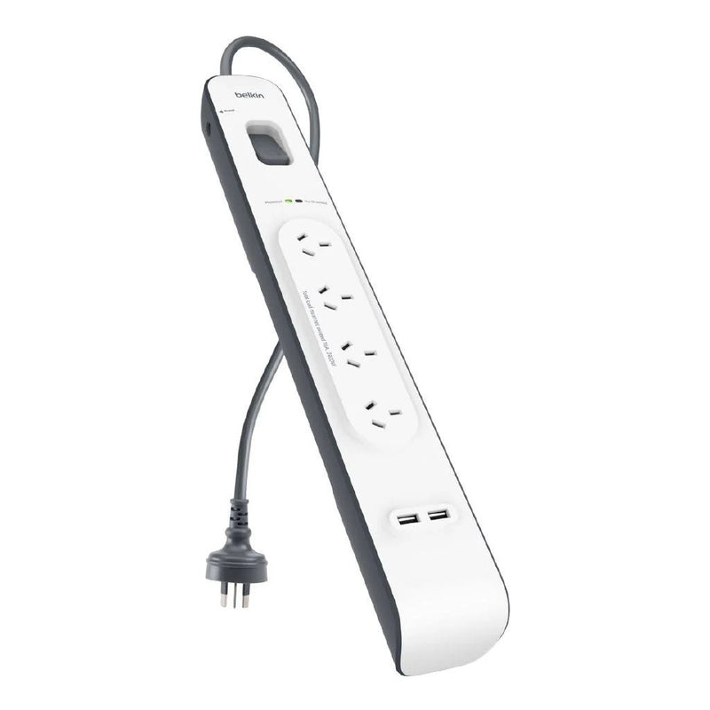 Belkin SurgePlus 4-Outlet Surge Protector With Dual USB Port 2.4 Amp-White(BSV401au2M),Heavy Duty 2M Power Cord,525 Joules,$20000 CEW,2