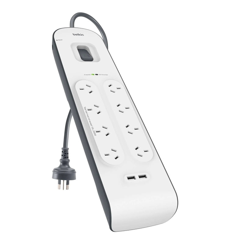 Belkin SurgePlus 8-Outlet Surge Protector With Dual USB Port 2.4 Amp-White(BSV804au2M),Heavy Duty 2M Power Cord,900 Joules,$50000 CEW,2