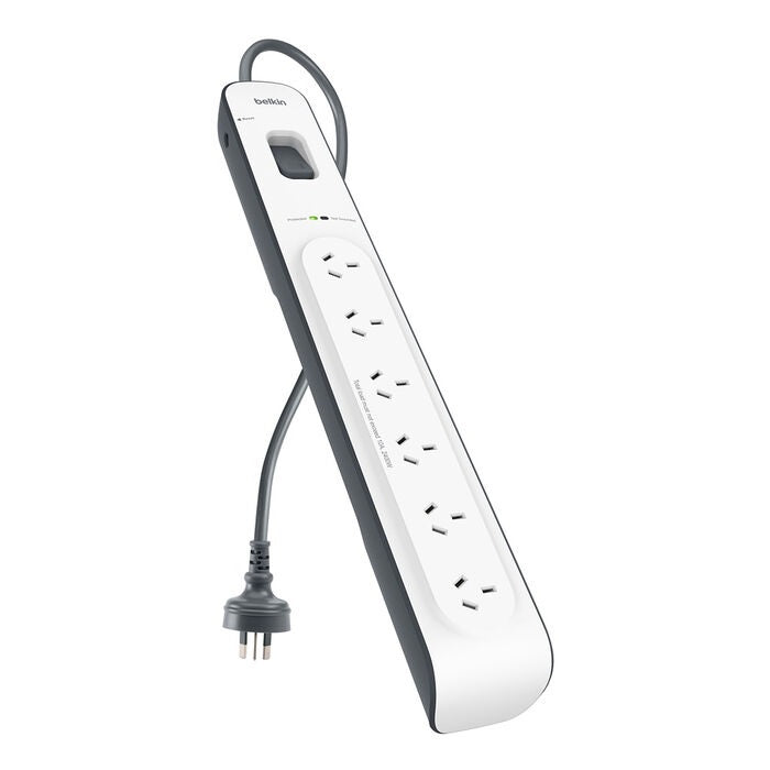 Belkin SurgeMaster 6-Outlet Surge Protection Strip with 2M Power Cord - White/Grey (BSV603au2M), 650 Joules Protection, CEW $30,000, 2