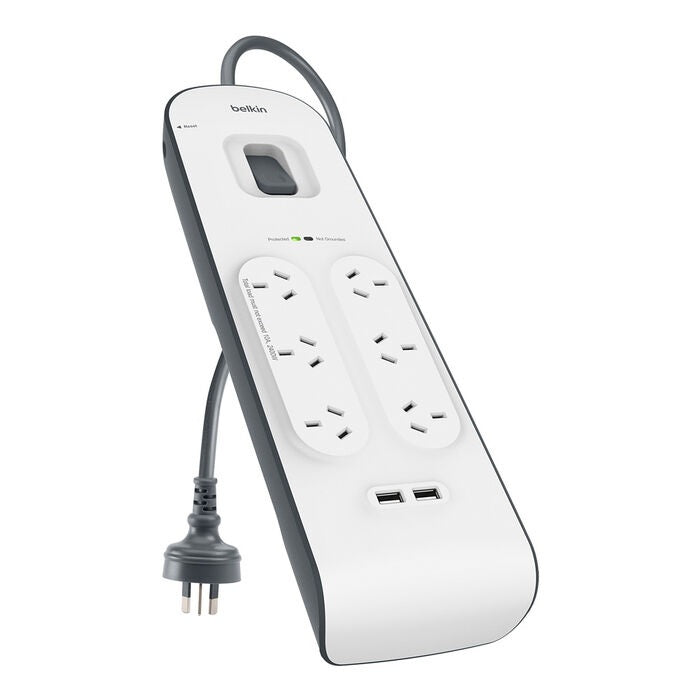 Belkin SurgePlus 6-Outlet Surge Protector With Dual USB Port 2.4 Amp-White(BSV604au2M),Heavy Duty 2M Power Cord,650 Joules,$30000 CEW,2