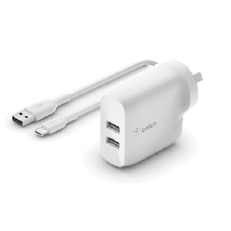 Belkin BoostCharge 24W Dual USB-A Wall Charger + USB-A to USB-C Cable (1M) - White (WCE001au1MWH), 2xUSB-A (12W), CEW $2,500, 2