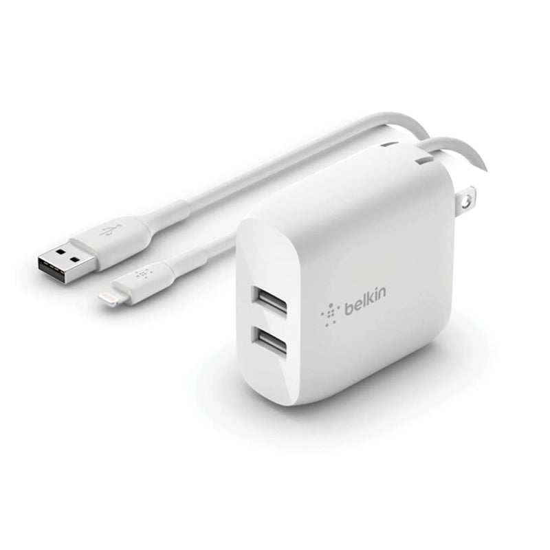 Belkin BoostCharge 24W Dual USB-A Wall Charger + Lightning to USB-A Cable (1M) - White (WCD001au1MWH), 2xUSB-A (12W), CEW $2,500, 2 Years