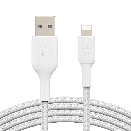 Belkin BoostCharge Braided Lightning to USB-A Cable (2M) - White (CAA002bt2MWH), 2.4A/12W, 480Mbps, 30K+ Bends, Apple, MFI-Certified, 2 Years