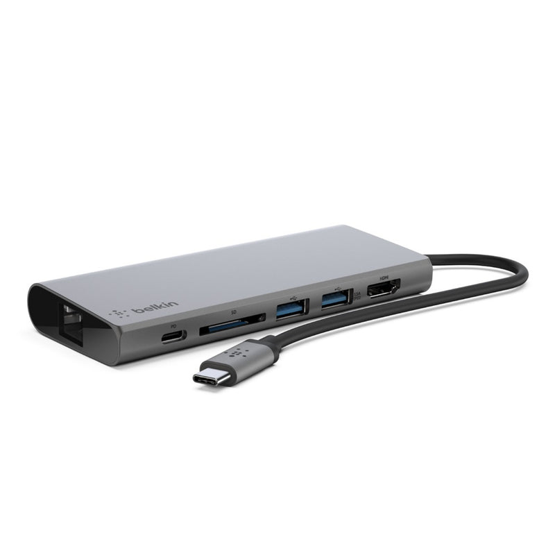 Belkin USB-C Multimedia Hub - (F4U092btSGY), Compact, 60W, 5Gbps, 1x 4K HDMI, 1x USB-C, 2x USB-A, 1x SD Card, 1x Gigabit Ethernet, 2 Years