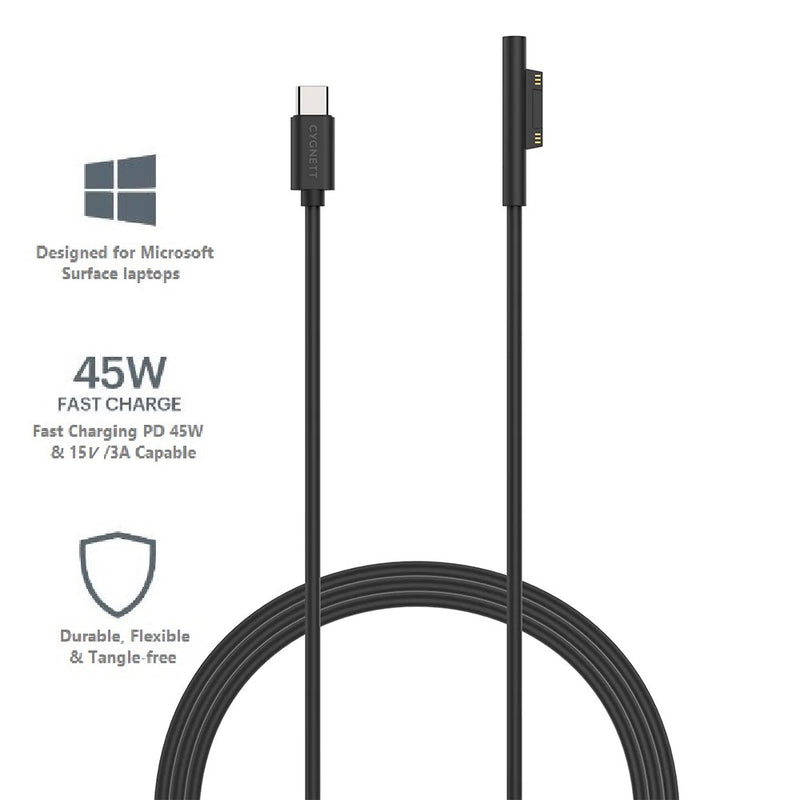 Cygnett Essentials USB-C To Microsoft Surface Laptop Cable (1M) - Black (CY3034USCMS), 45W Fast Charging, Magnetic Connection,2 Years