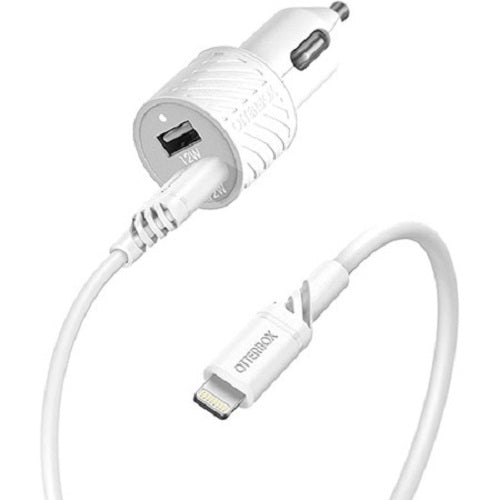 OtterBox Dual Port (24W) Car Charger with Lightning to USB-A Cable (1M) - White (78-52698), Compact design,Safe & Smart Charging, 2 Years