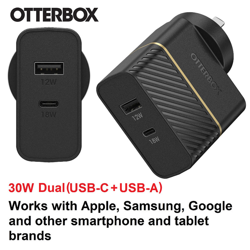 OtterBox 30W Dual Port Premium PD Fast Wall Charger - Black (78-80029), (USB-C 18W & USB-A 12), Drop Tested, Safe & Smart Charging, 2