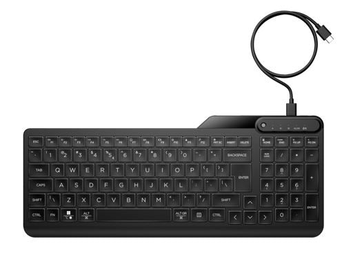 HP 405 Multi-Device Backlit Wired Keyboard Removable USB-CÂ® cable with USB-A Slim Full-size Numpad LED light Multi-OS compatible 150cm Cable Black