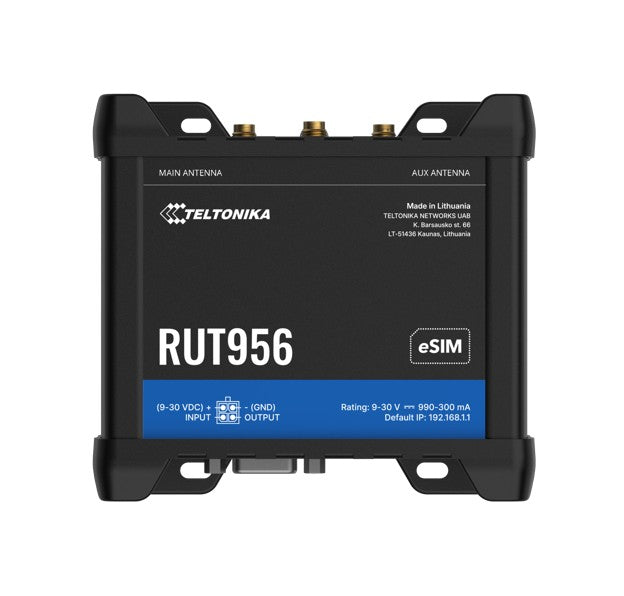 Teltonika RUT956 Industrial Cellular Router, eSIM, Dual-SIM Cellular 4G LTE, WAN Failover with 4x Ethernet Ports, GPS, 2-Year   , PSU included