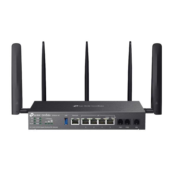 TP-Link DR3650v-4G Omada 4G+ Cat6 AX3000 Wi-Fi 6 Gigabit Desktop DSL Gateway, 574Mbps@2.4GHz + 2402Mbps@5GHz(HE160), VDSL2 350 350/60, VoIP Triple Wan