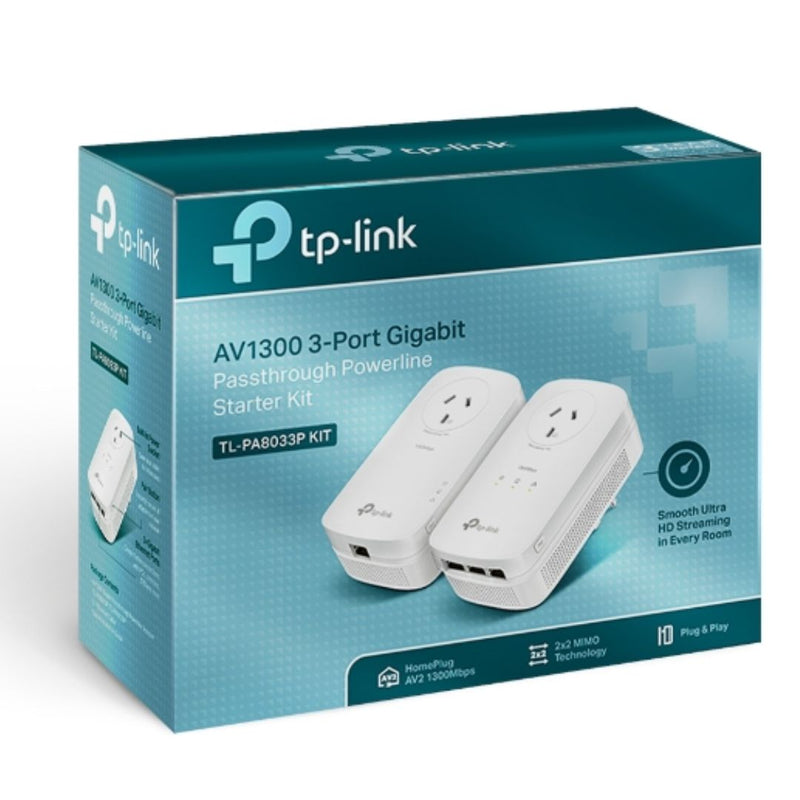 TP-Link TL-PA8033P KIT AV1300Â PassthroughÂ PowerlineÂ KIT, Qualcomm, 3 GigabitÂ Ports, 1300Mbps Powerline, 2*2 MIMO,  HomePlug AV2, New PLC Utility, Twin