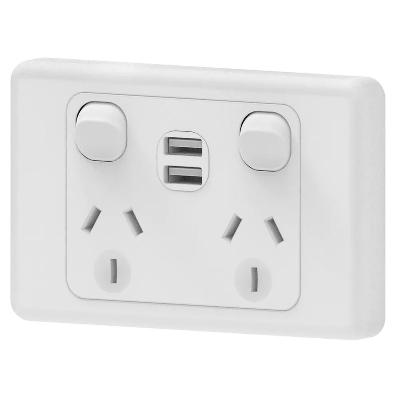 Mains 10A Horizontal Double Powerpoints with 2 USB (5V/2.1A)