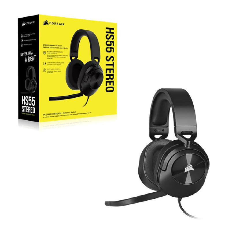 Corsair HS55 STEREO Wired Gaming Headset - Carbon, 50mm drivers, 20Hzâ€“20kHz, wired 3.5mm stereo, multi-platform support (PC/PS/Xbox/Switch/mobile)
