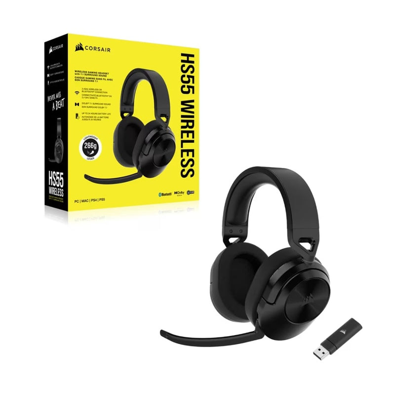 Corsair HS55 WIRELESS Gaming Headset- Carbon (AP), 50mm drivers, Dolby 7.1, wireless 50â€¯ft, 24h battery, PC/PS4/PS5, iCUE support, omnidirectional mic