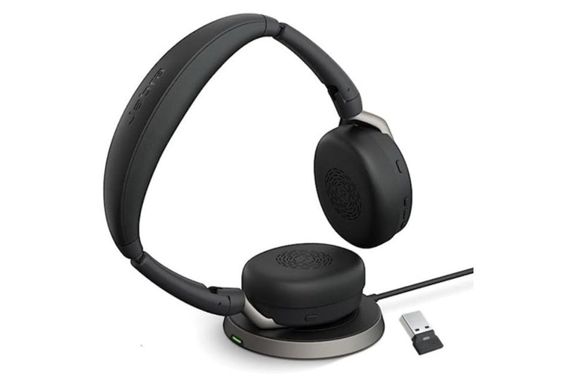 Jabra Evolve2 65 Flex MS Stereo Bluetooth Headset, Link380a USB-A Dongle & Wireless Charging Stand Foldable Design, 2Yr  , 30m Wireless Range