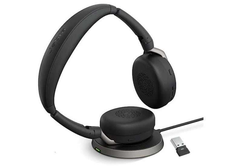 Jabra Evolve2 65 Flex MS Stereo Bluetooth Headset, Link380c USB-C Dongle & Wireless Charging Stand Included, Foldable Design, 2Yr  , ANC