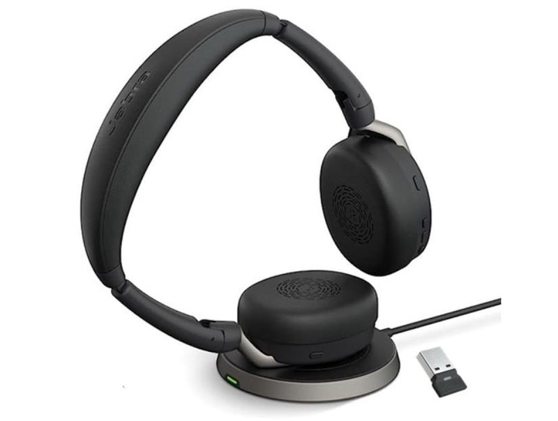 Jabra Evolve2 65 Flex UC Stereo Bluetooth Headset, Link380a USB-A Dongle & Wireless Charging Stand Included, Foldable Design, 2Yr  , ANC