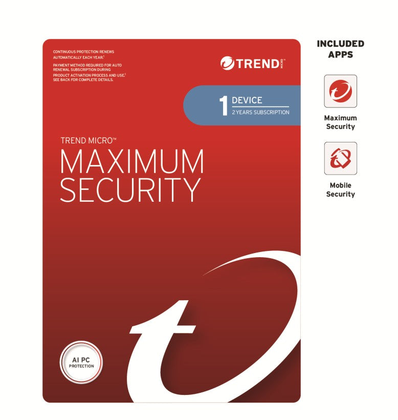 Trend Micro Maximum Security (1 Device) 2 Year Retail Mini Box Auto Re ...