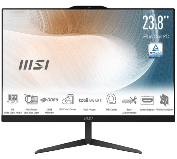 MSI Modern AM242P 1M-1833AU AIO Black, 23.8' Non-Touch, Core 5 120U/D5 16GB (2x8G)/1TB SSD/WiFi6/Webcam/Height Adjustable/Wired KBM/Win11Pro/3Y Onsite