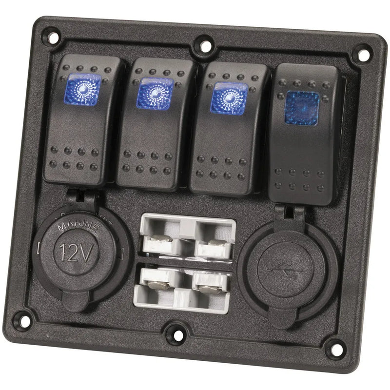 4 Way Illuminated Switch Panel With USB, 12V and 2 x Battery Plugs