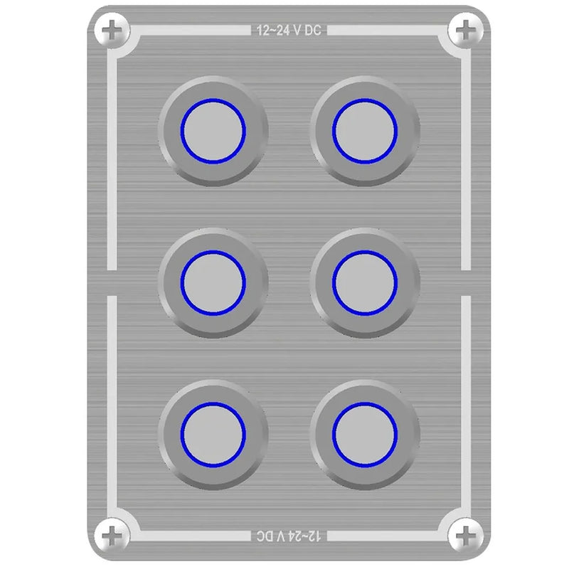 Powertech 6 Way Stainless Steel Switch Panel With Blue Illuminated Switches and Marine Label