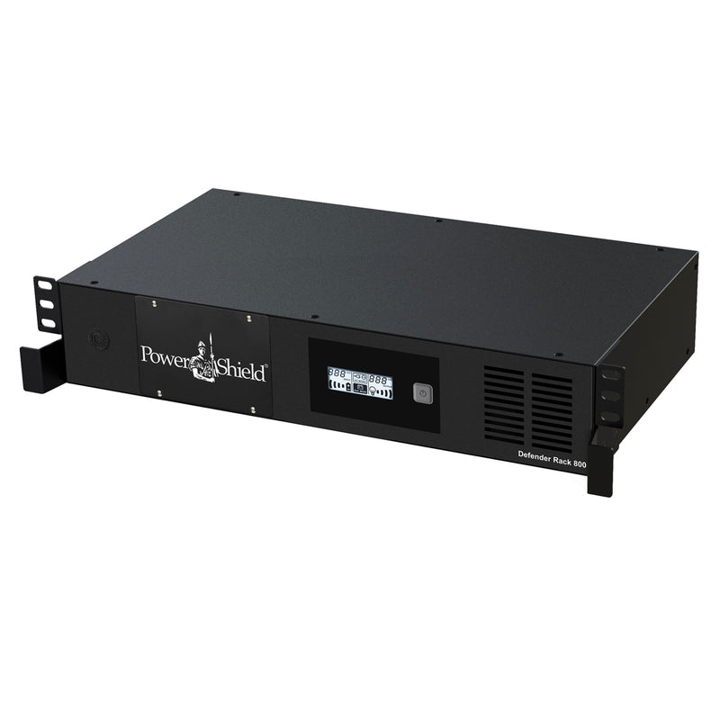 PowerShield Defender RackMount 800VA/480W, 2RU Shallow depth UPS, 6 AUS sockets, 2 x 10 Amp IEC, user-replaceable batteries, 2-year
