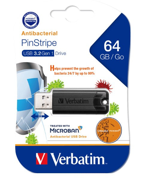(LS)Verbatim 64GB Antibacterial Pinstripe USB 3.0 Drive (with MicrobanÂ®) Black
