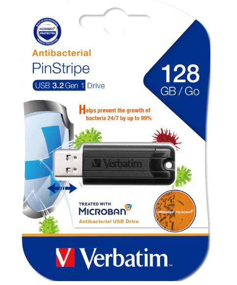 Verbatim 128GB Antibacterial Pinstripe USB 3.0 Drive (with MicrobanÂ®) Black
