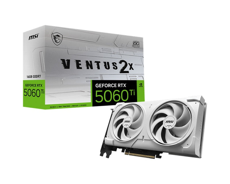 MSI nVidia GeForce RTXâ„¢ 5060 Ti 16G VENTUS 2X OC WHITE PLUS, Boost 2602 MHz, CUDA 4608, 16GB GDDR7, 28 Gbps, 600W PSU, HDMIâ„¢ x 1 (embargo)