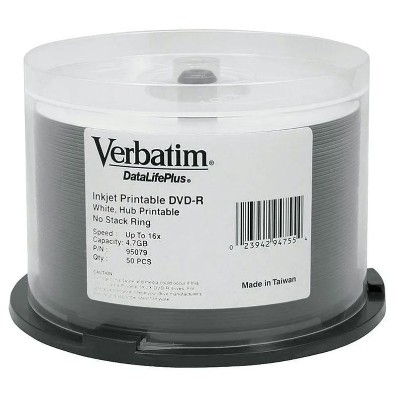 Verbatim DataLifePlus (Azo) DVD-R 4.7 GB White Inkjet Printable Spindle 50 Pack 16x