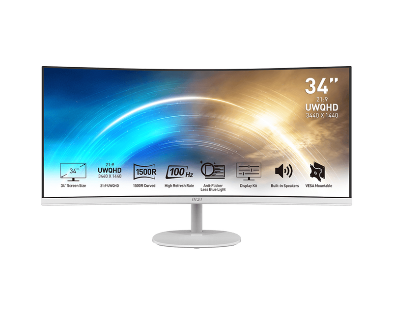 MSI WHITE/34"/CURVED/1500R/VA/3440x1440/100Hz/1ms/2xHDMI+1xDP/Speakers/